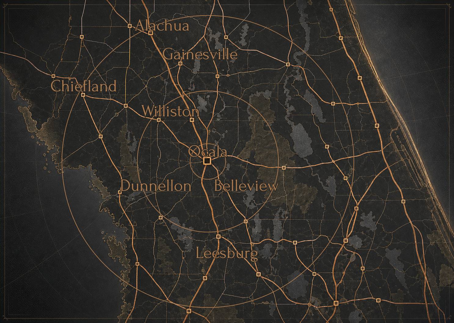 Stylized map of the Xemplar Construction service area around Ocala and North Central Florida