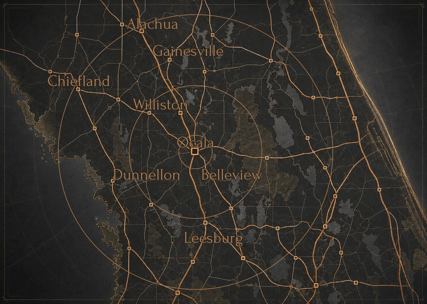 Stylized map of the Xemplar Construction service area around Ocala and North Central Florida